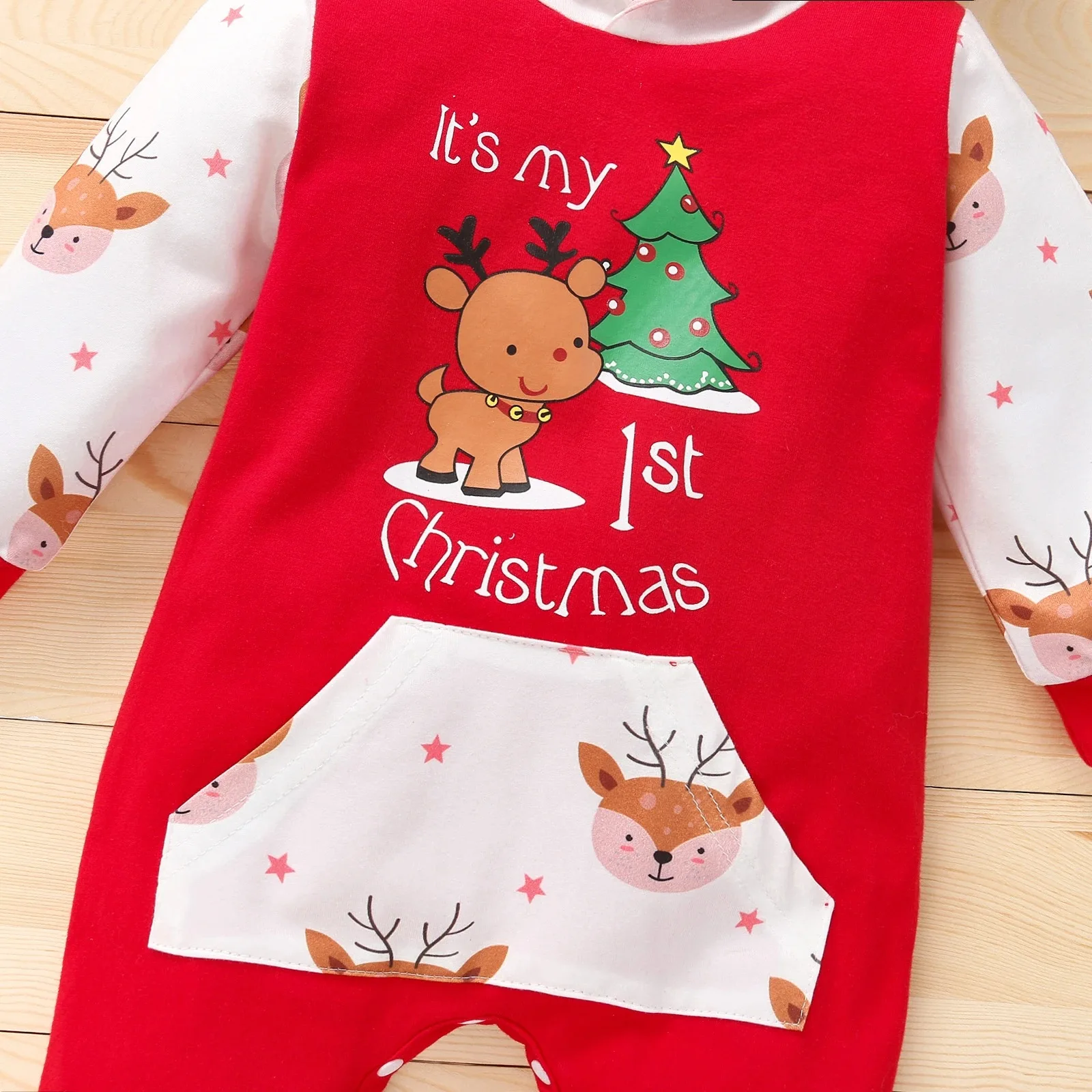 Color: Red, Kid Size: 3M - Autumn Baby Girl Deer Print Christmas Jumpsuit Long-Sleeved Front Patch Pocket Hooded Jumpsuit