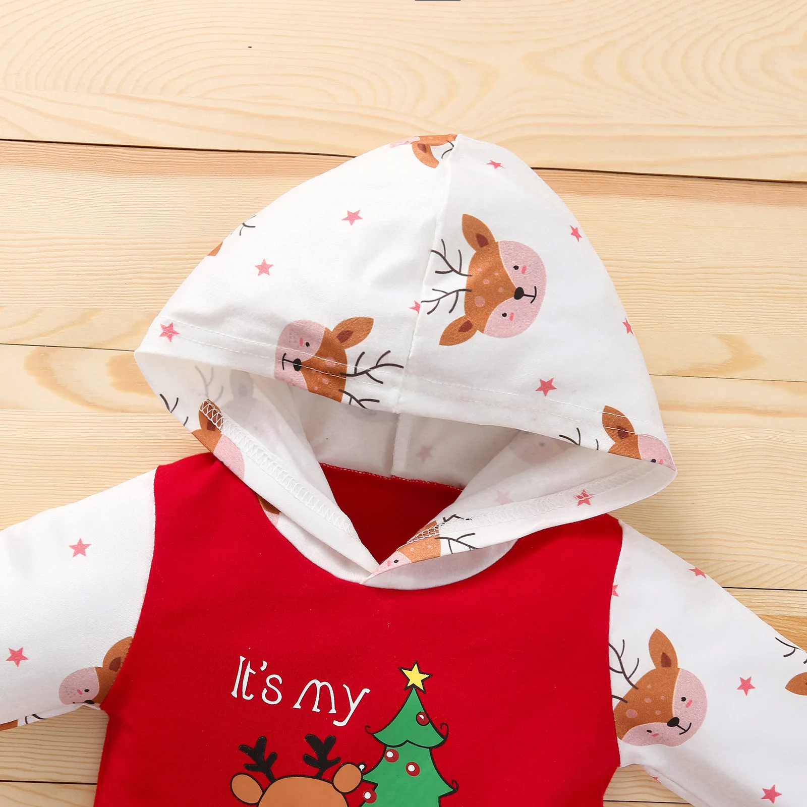 Color: Red, Kid Size: 3M - Autumn Baby Girl Deer Print Christmas Jumpsuit Long-Sleeved Front Patch Pocket Hooded Jumpsuit