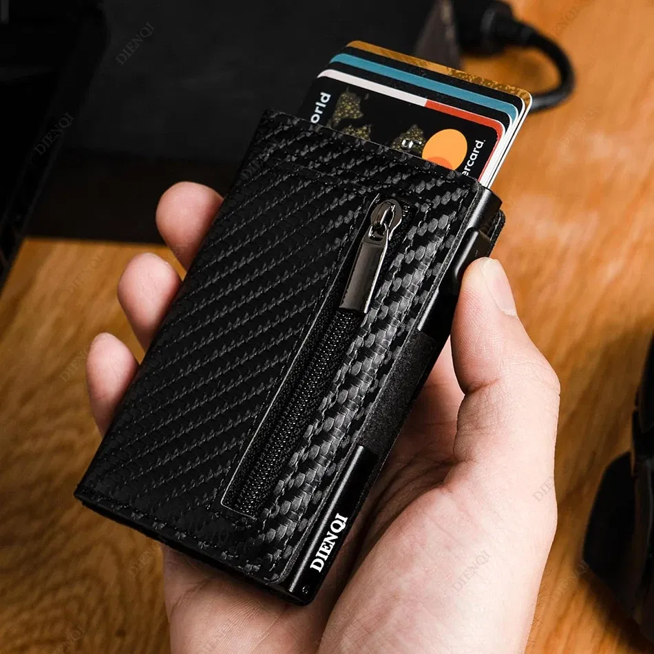 Color: Blue - RFID Blocker Minimalistic Men Wallet Business Credit Card Holder Carbon Fiber Leather Wallets Small Male Purse Cardholder Case