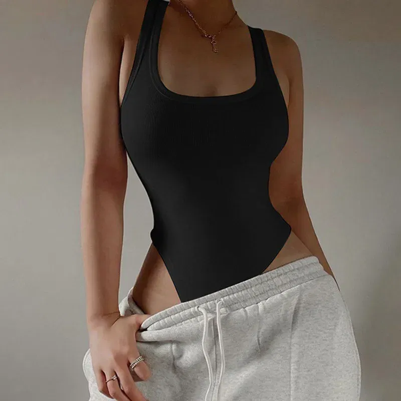 Color: Khaki, Size: S - Sleeveless Knit Bodysuit for Women, Off Shoulder Halter Tops, Casual Street Bodycon, Sexy Clubwear, Hot Summer, 2024