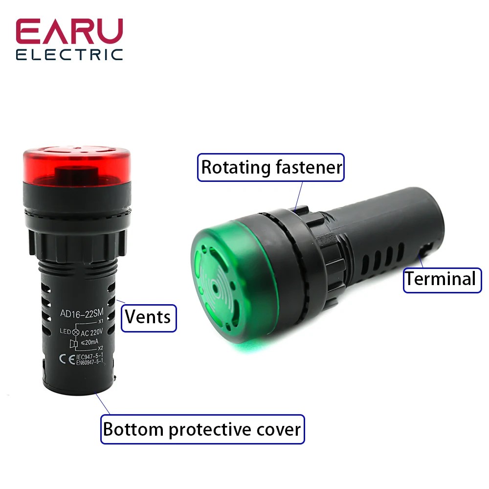 Color: Pink - AD16-22SM 22mm Panel Diameter AC 12V 24V 110V 220V Flash Signal Light Red LED Active Buzzer Beep Alarm Indicator Green Yellow