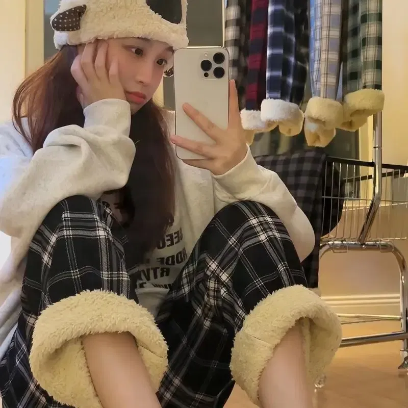 Color: army green, Size: L - Padded Thickened Wide Leg Pants Winter LambswoolPlaid Pants Female High Waist Casual Straight Pants