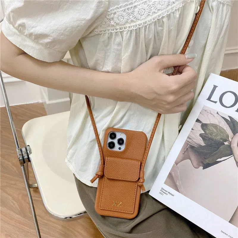 Color: Brown, Material: Cotton Fabric - Personalized Gold Silver Letters Leather PU Card Holder Lanyard Hard Case For iPhone 14 13 12 11 15 Pro Max XS XR 16 Plus Cover