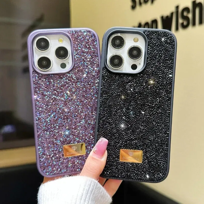 Material: Silicon, Color: black - Luxury INS Dazzling Full Covered Zircon Macaroon Color Phone Case for iPhone 16 15 14 11 12 13 Pro Max Plus Back Cover