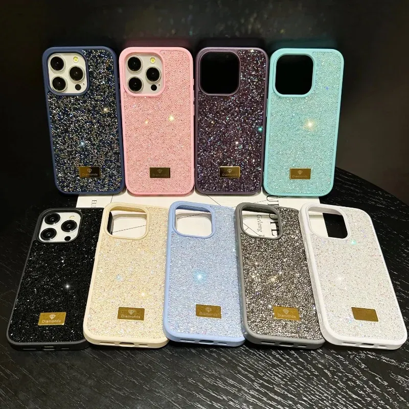 Material: Silicon, Color: black - Luxury INS Dazzling Full Covered Zircon Macaroon Color Phone Case for iPhone 16 15 14 11 12 13 Pro Max Plus Back Cover