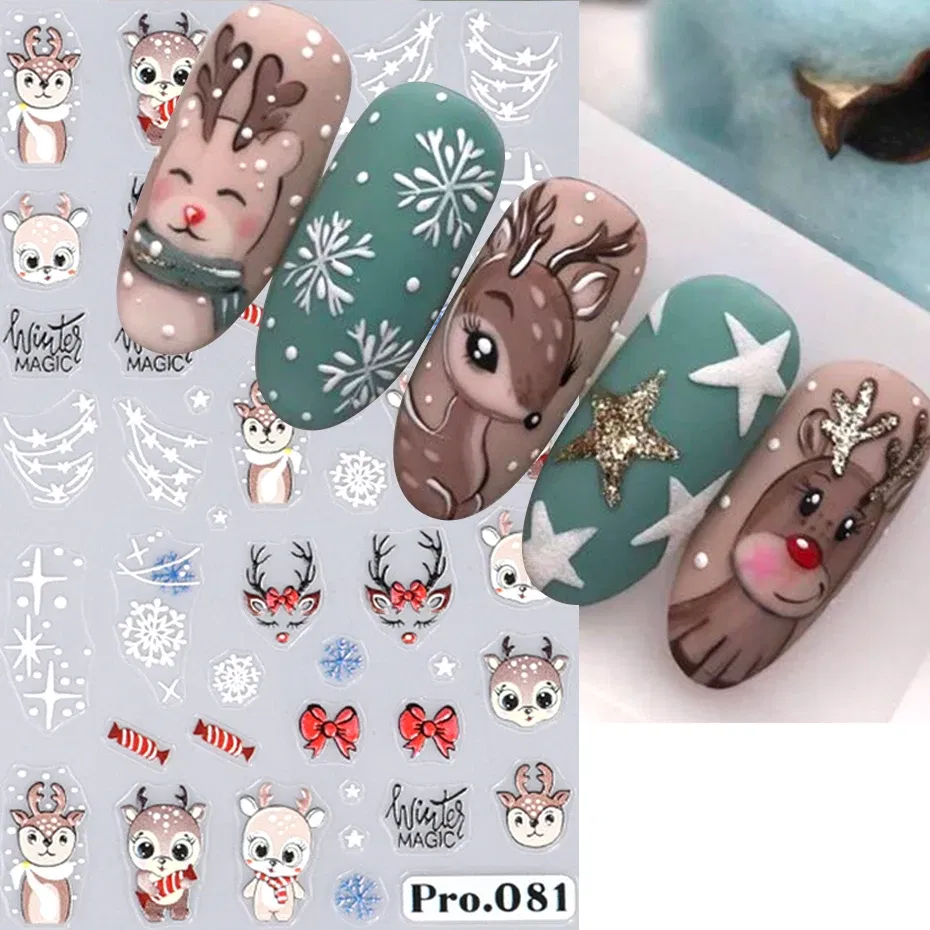 Color: Antique Brass - 5D Embossed Elk Nail Art Sticker Cute Christmas Winter Santa Claus Snowflake Gingerbread Man Engraved Slider Manicure Decoration
