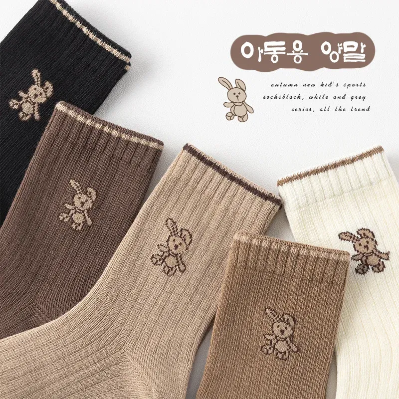 Color: SKY BLUE, Size: 4-6T - Autumn Socks Baby 5 Pairs Cartoon Bunny Pattern Socks Girls Calf Length Children Socks Solid Cotton Socks