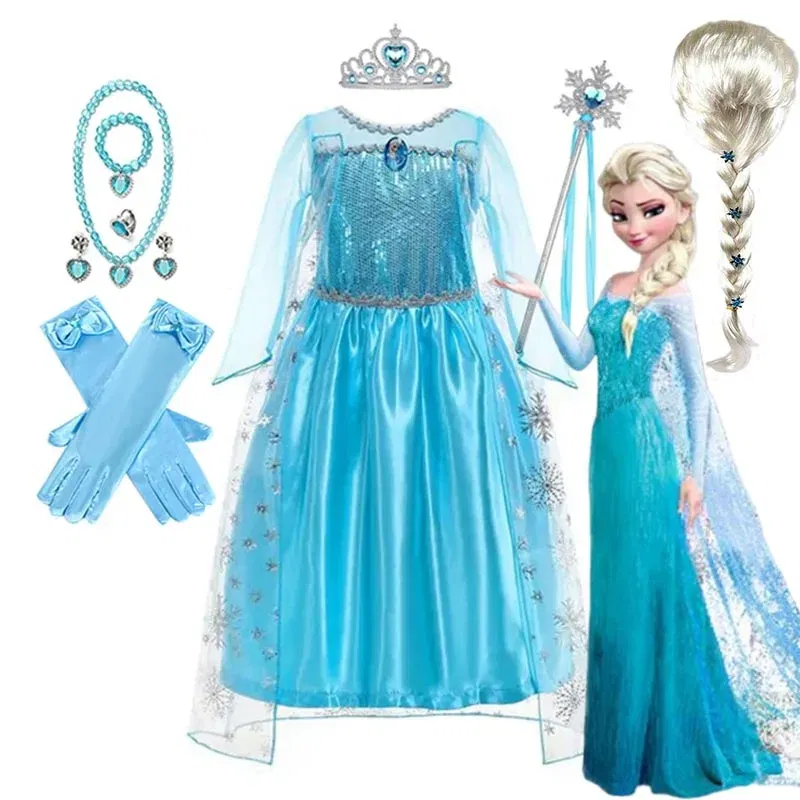 Color: Orange, Kid Size: 13 - Disney Girls Cospaly Snow Queen Elsa Costumes Kids Carnival Party Prom Gown Robe-Playing Children Clothes Frozen Princess Dress