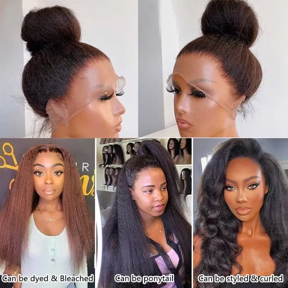 Color: Natural Color, Stretched Length: 18inches - Kinky Straight 13x4 Transparent Lace Front Wigs Human Hair 180% Density Pre Plucked Yaki Straight Human Hair Natural Color