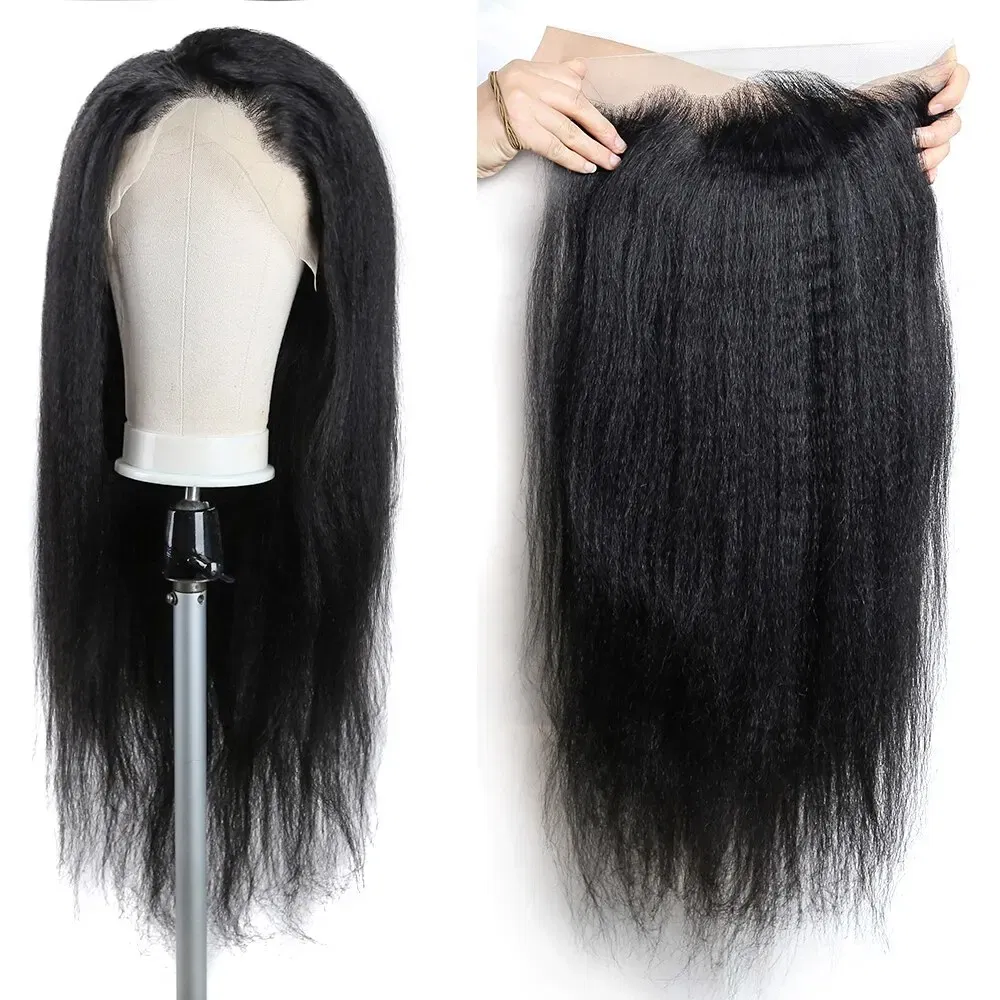 Color: Natural Color, Stretched Length: 18inches - Kinky Straight 13x4 Transparent Lace Front Wigs Human Hair 180% Density Pre Plucked Yaki Straight Human Hair Natural Color