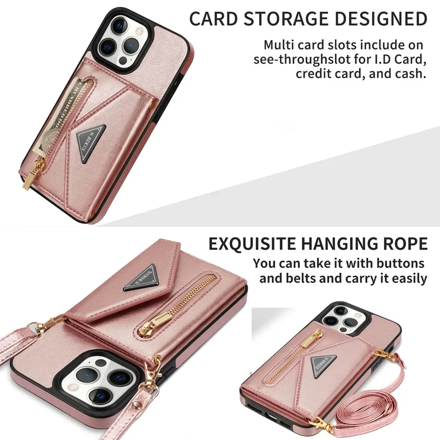 Color: Pink, Material: Other - Wallet Side Card Zipper Flip Crossbody Leather Case For iPhone 15 14 Pro Max 13 Mini 12 11 SE 2022 2020 X XS XR 8 7 6 6s Plus