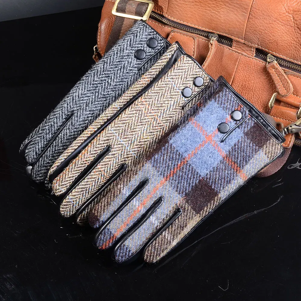 Color: GRAY, Gloves Size: M - New Men's Male Wool Tweed & Leather Winter Warm Thicker Lining fashion Touch Screen Driving Short Gloves