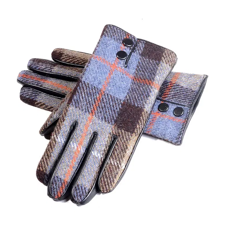 Color: GRAY, Gloves Size: M - New Men's Male Wool Tweed & Leather Winter Warm Thicker Lining fashion Touch Screen Driving Short Gloves
