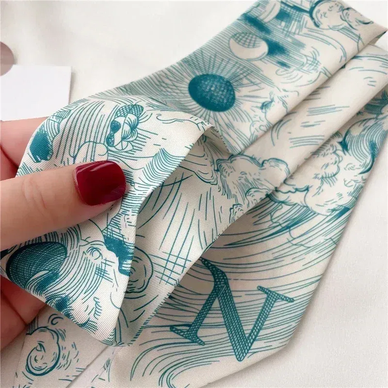 Color: Silver, Size: XXS - Fashion Skinny Scarf Women Luxury letter Printing Tie Bag Handle Ribbon Hair Band Women's Headscarf New Lady Design Silk Scarves