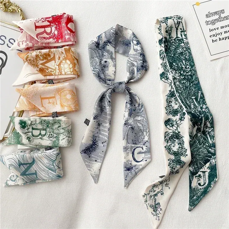 Color: Silver, Size: XXS - Fashion Skinny Scarf Women Luxury letter Printing Tie Bag Handle Ribbon Hair Band Women's Headscarf New Lady Design Silk Scarves