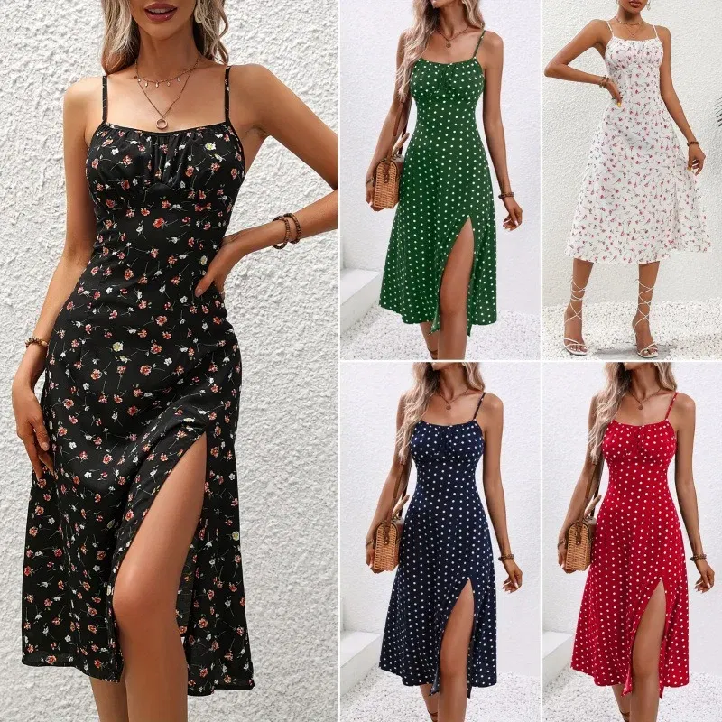 Color: Blue, Size: S - 2025 Summer Sexy Spaghetti Straps Dress Women Fashion Polka Dot Print Sleeveless Slit Dress Boho Casual Beach Midi Dresses