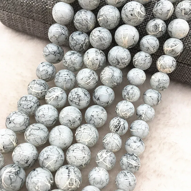 Color: Black, Item Diameter: 4mm - Wholesale 4/6/8/10mm Glass Beads Round Loose Spacer Beads Pattern For Jewelry Making DIY Bracelet Necklace