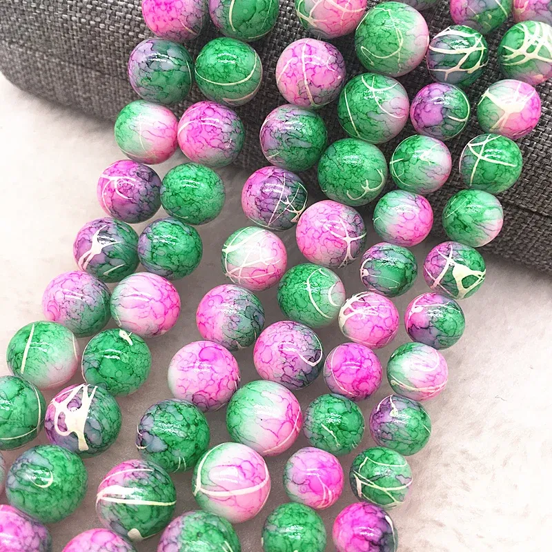 Color: Black, Item Diameter: 4mm - Wholesale 4/6/8/10mm Glass Beads Round Loose Spacer Beads Pattern For Jewelry Making DIY Bracelet Necklace