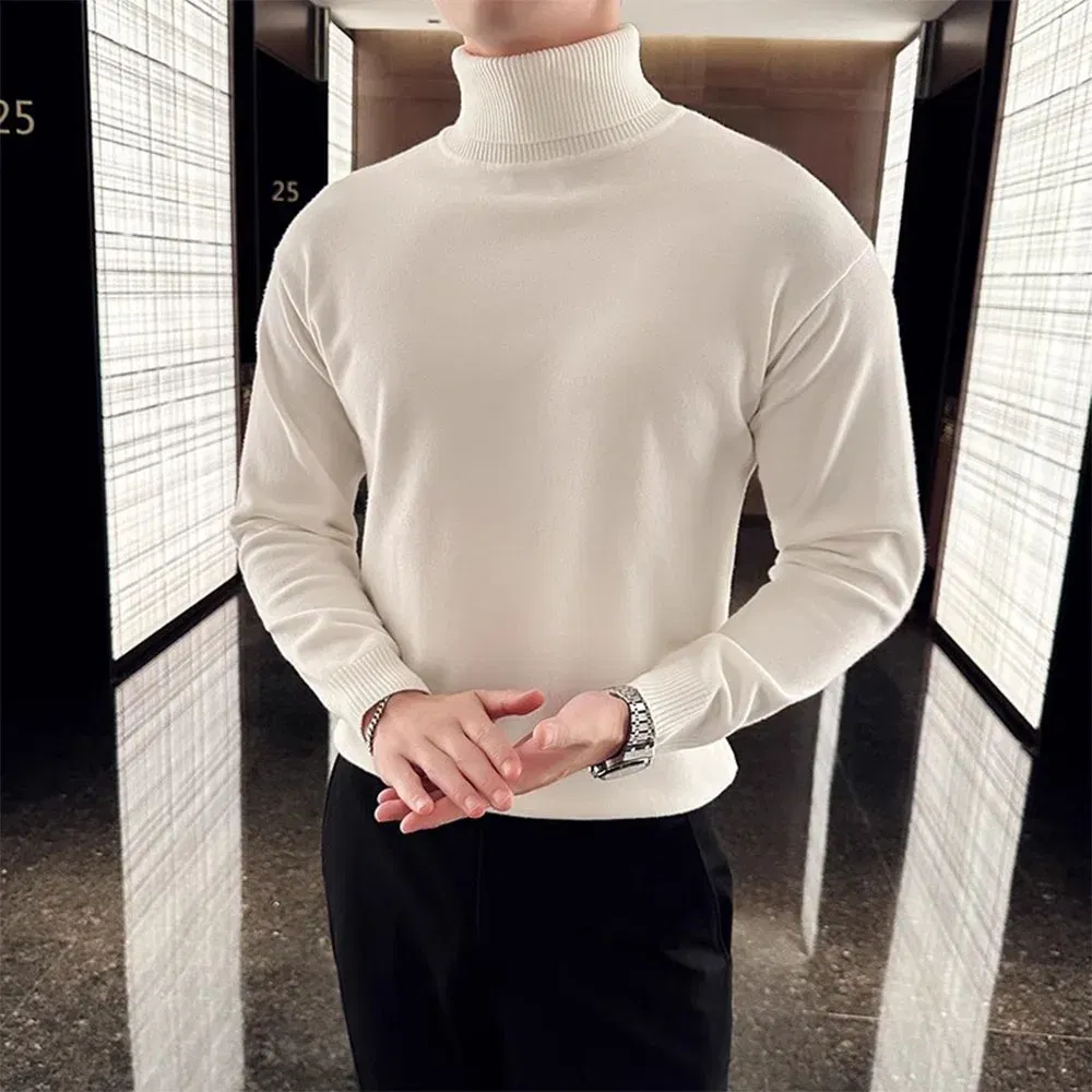 Color: Brown, Size: 4XL - Korean Fashion Autumn Winter Sweaters Men Pullovers Fleece Turtleneck Knitted Sweatshirt Warm Bottoming Shirts