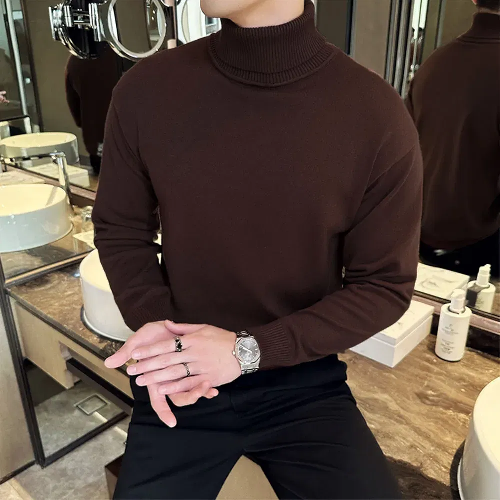 Color: Brown, Size: 4XL - Korean Fashion Autumn Winter Sweaters Men Pullovers Fleece Turtleneck Knitted Sweatshirt Warm Bottoming Shirts