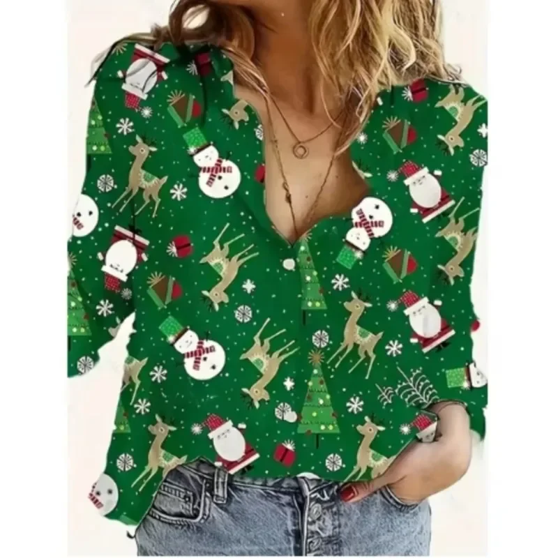 Color: Ivory, Size: S, Ships From: CHINA - Women New Christmas Shirt Cute Christmas Tree Santa Claus Print Blouses Casual Long Sleeve Button Tops Autumn Blouses Ladies