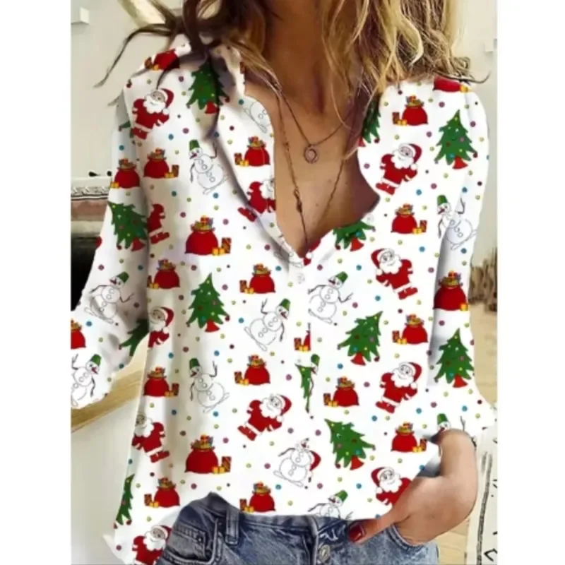 Color: Ivory, Size: S, Ships From: CHINA - Women New Christmas Shirt Cute Christmas Tree Santa Claus Print Blouses Casual Long Sleeve Button Tops Autumn Blouses Ladies