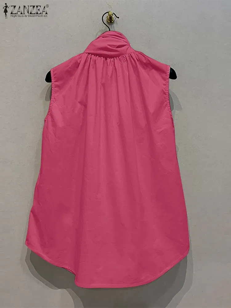 Color: Rose Red, Size: L - ZANZEA Women Fashion Bow Tie Neck Tank Tops 2024 Summer Casual Solid Sleeveless Blusas Mujer Elegant Korean Style Shirts Blouses