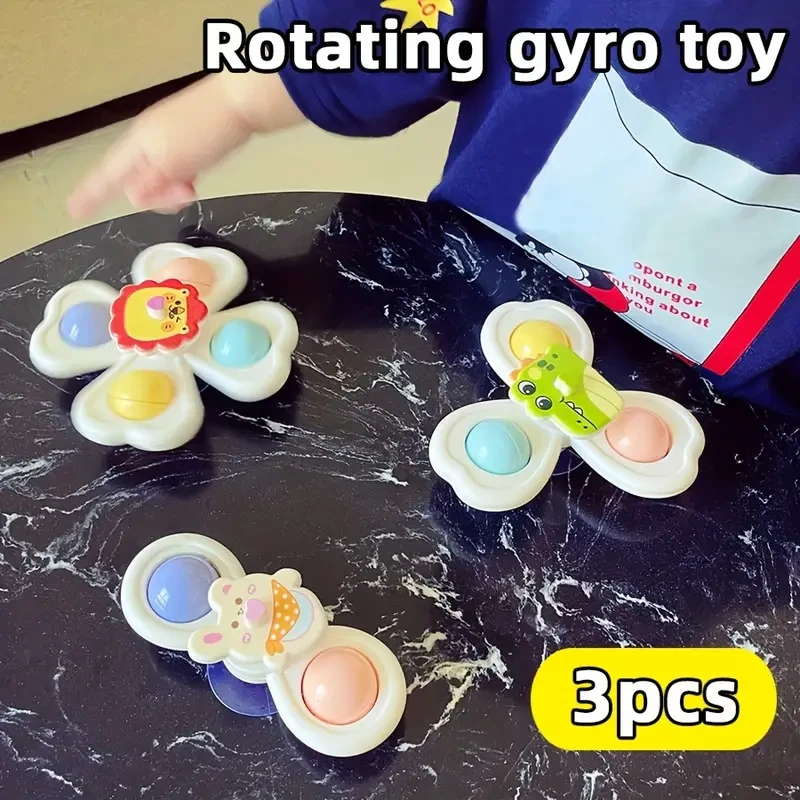 3pcs Animal Cartoon Suction Cup Spinning Tops Set