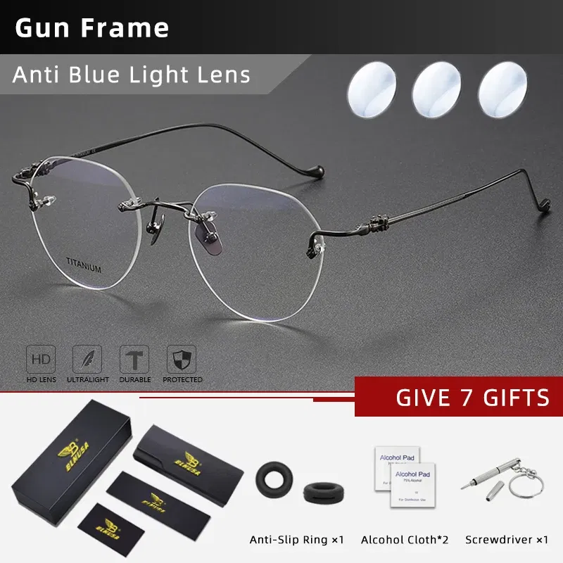 Frame Color: Yellow, Eye Prescription: +200 - BLMUSA Pure Titanium Rimless Anti-blue Light Reading Glasses for Men Round Photochromic Optical Prescription with MR-8 lens
