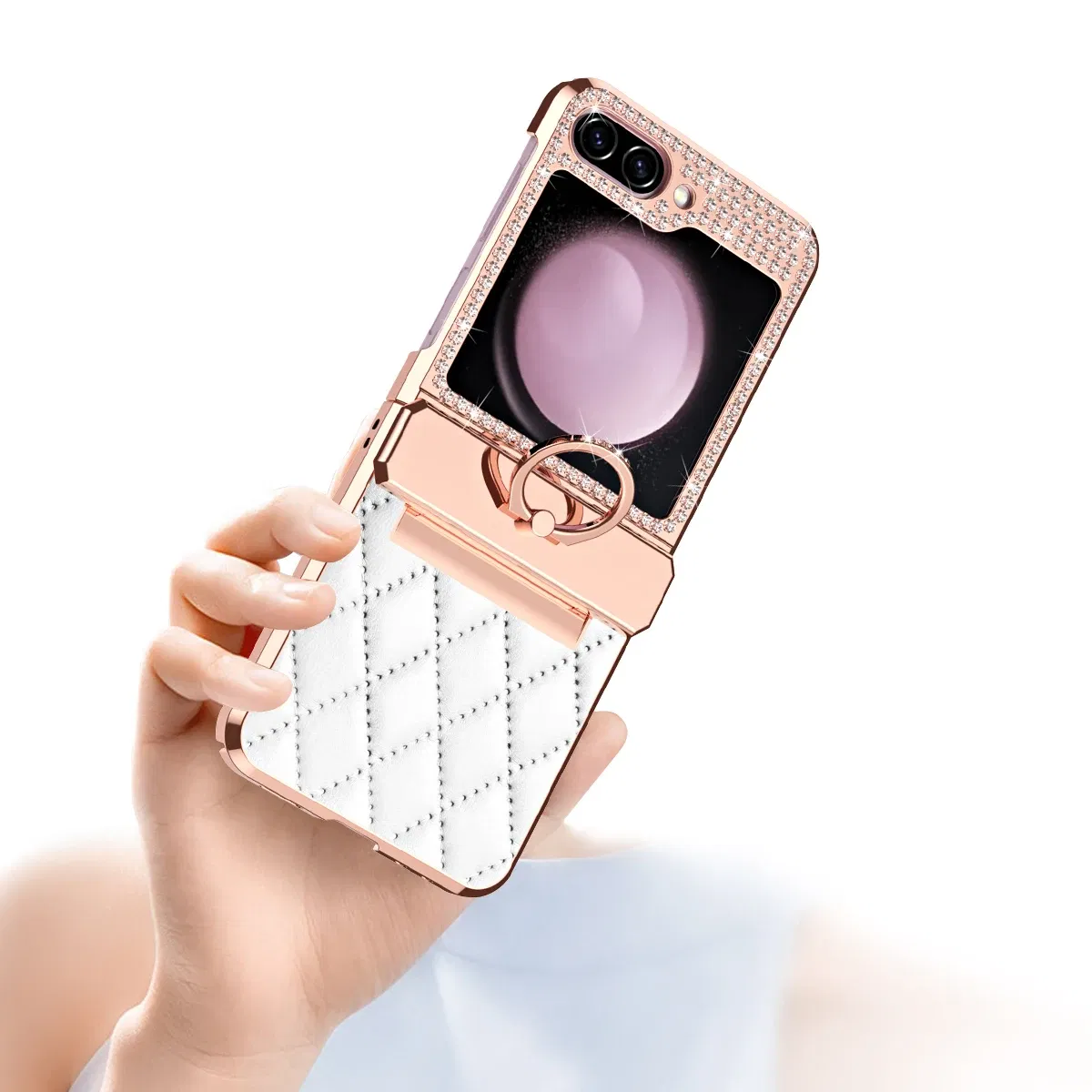 Color: Beige, Material: Canvas - Diamonds Leather Plating Ring Holder Case For Samsung Galaxy Z Flip 5 4 3 5G Shockproof Hinge Protection Cover For Z Flip5