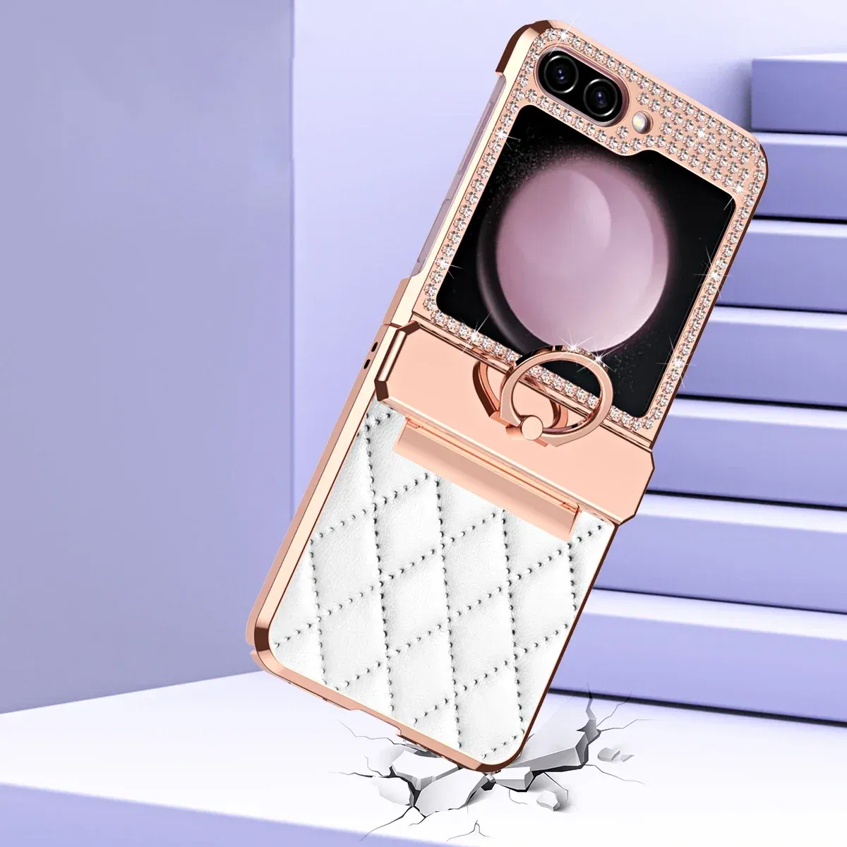 Color: Beige, Material: Canvas - Diamonds Leather Plating Ring Holder Case For Samsung Galaxy Z Flip 5 4 3 5G Shockproof Hinge Protection Cover For Z Flip5