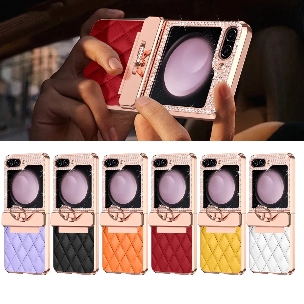 Color: Beige, Material: Canvas - Diamonds Leather Plating Ring Holder Case For Samsung Galaxy Z Flip 5 4 3 5G Shockproof Hinge Protection Cover For Z Flip5