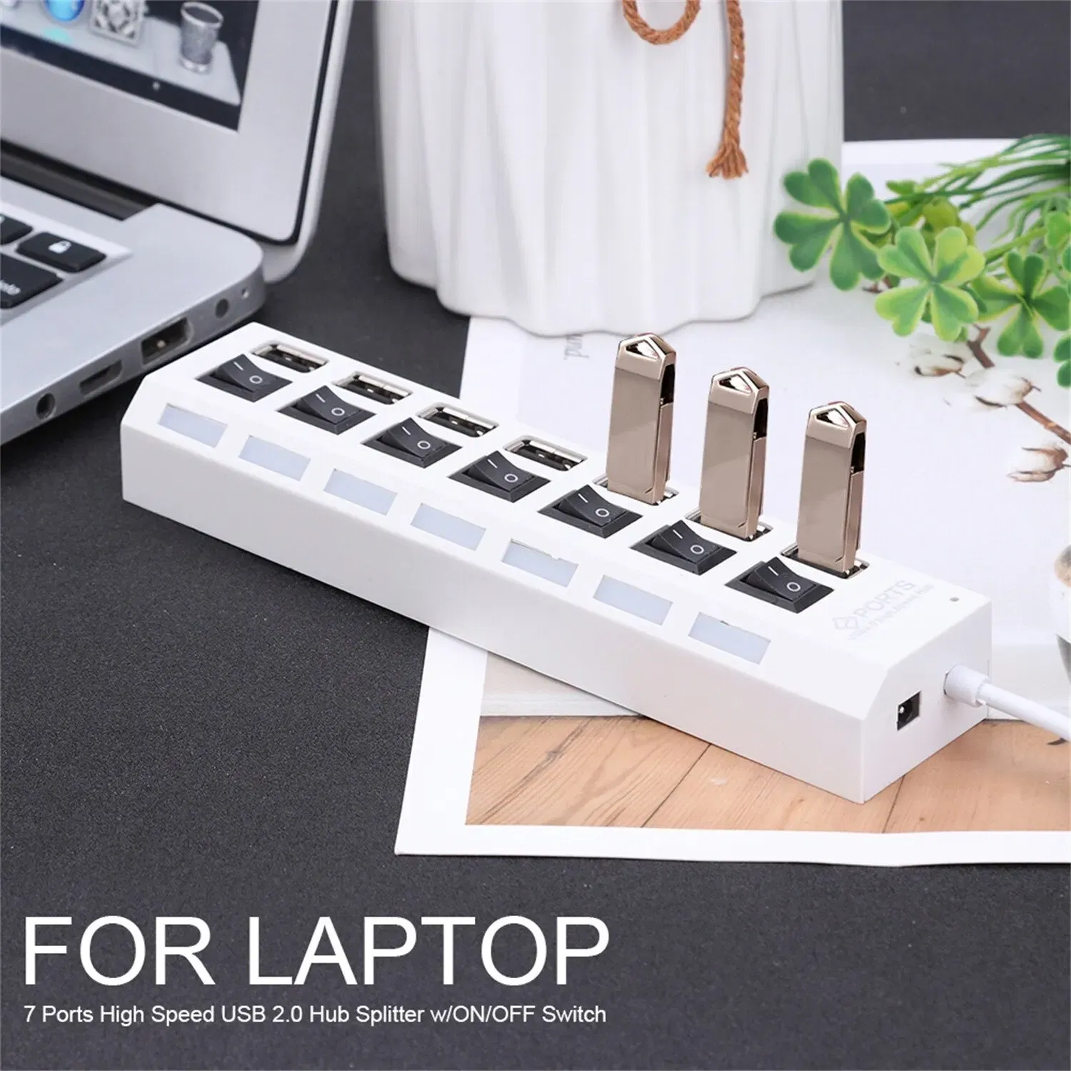 Color: WHITE - USB HUB USB Switch Hub 2.0 Adapter High Speed Multi 7 Ports Hub USB On Off Portable Splitter For Computer Laptop