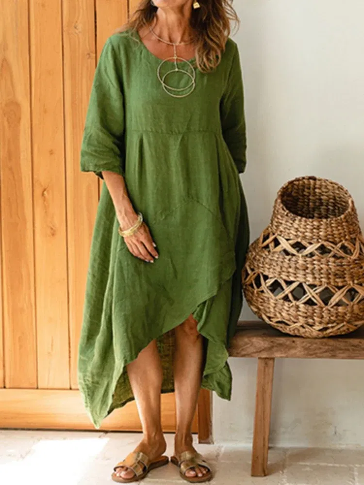 Color: black, Size: S - Women Autumn Summer Fashion O Neck Solid Pullover Dress Casual Loose Half Sleeve Irregular Dress Simple Linen Office Lady Dress