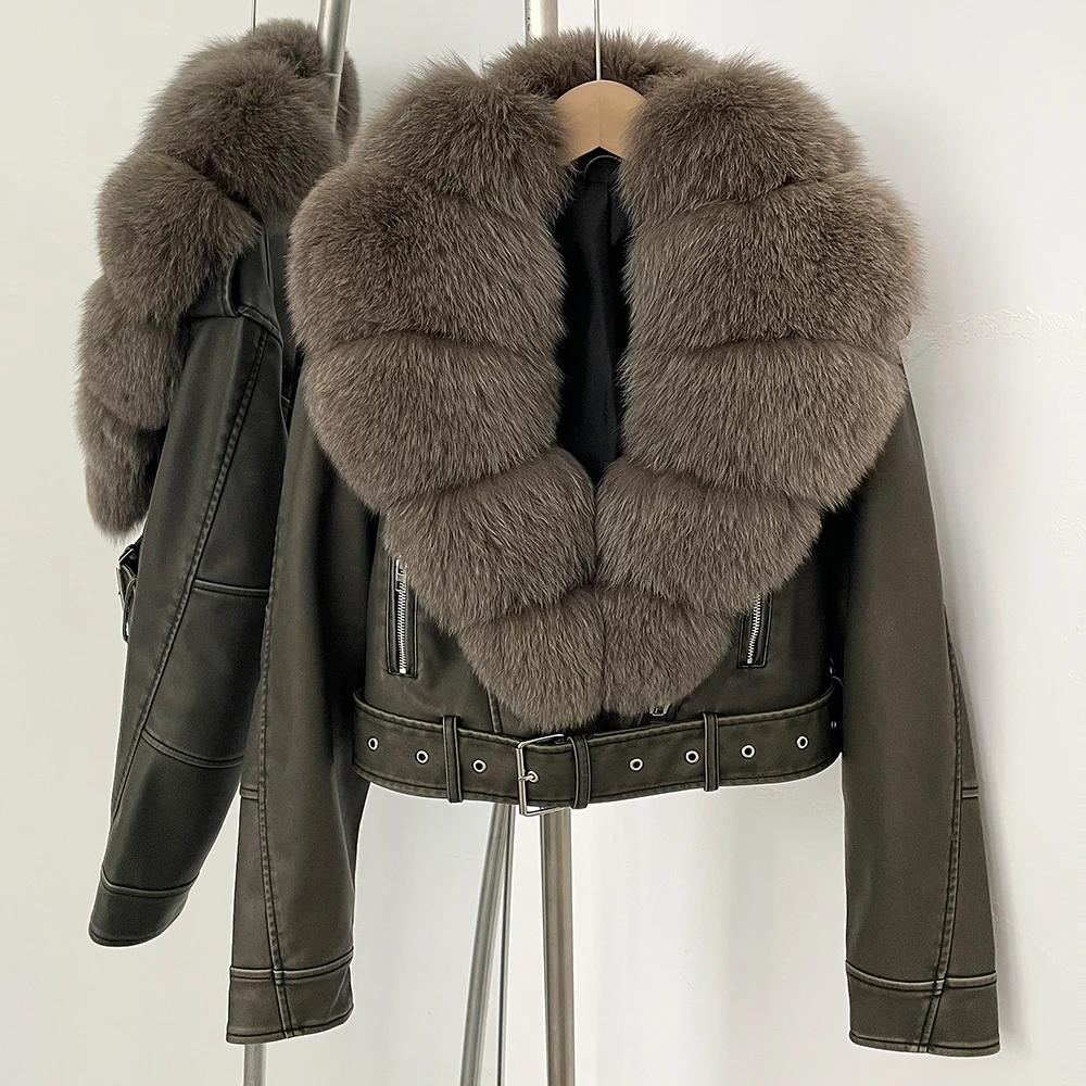 Color: Mint, Size: XL - Fake Leather Coat New Natural Fox Fur Autumn Short Faux Leather Jacket Female Spring PU Women Long Sleeve Real Fur Coat Thin