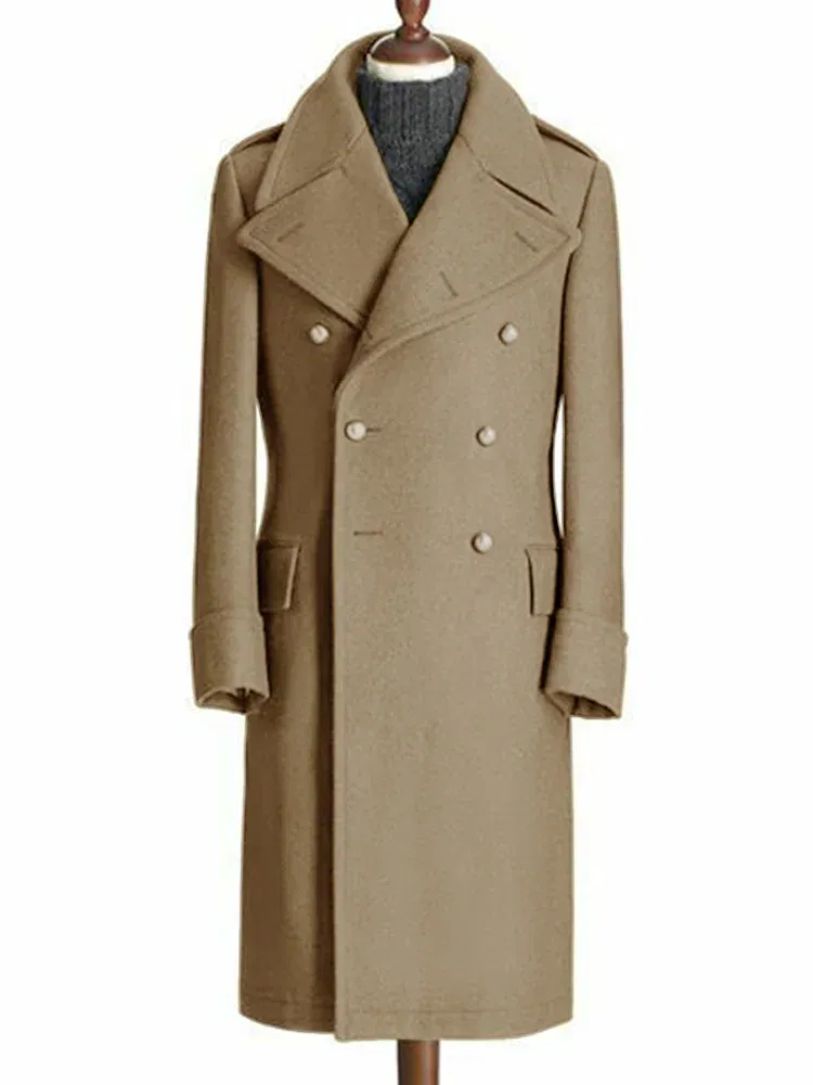 Color: Khaki, Size: L - Windbreak Men's Jacket Wool Long Coat Lapel Double Breasted Men's Trench Coats Windbreakers Jackets Man Winter 2023 Martens Male