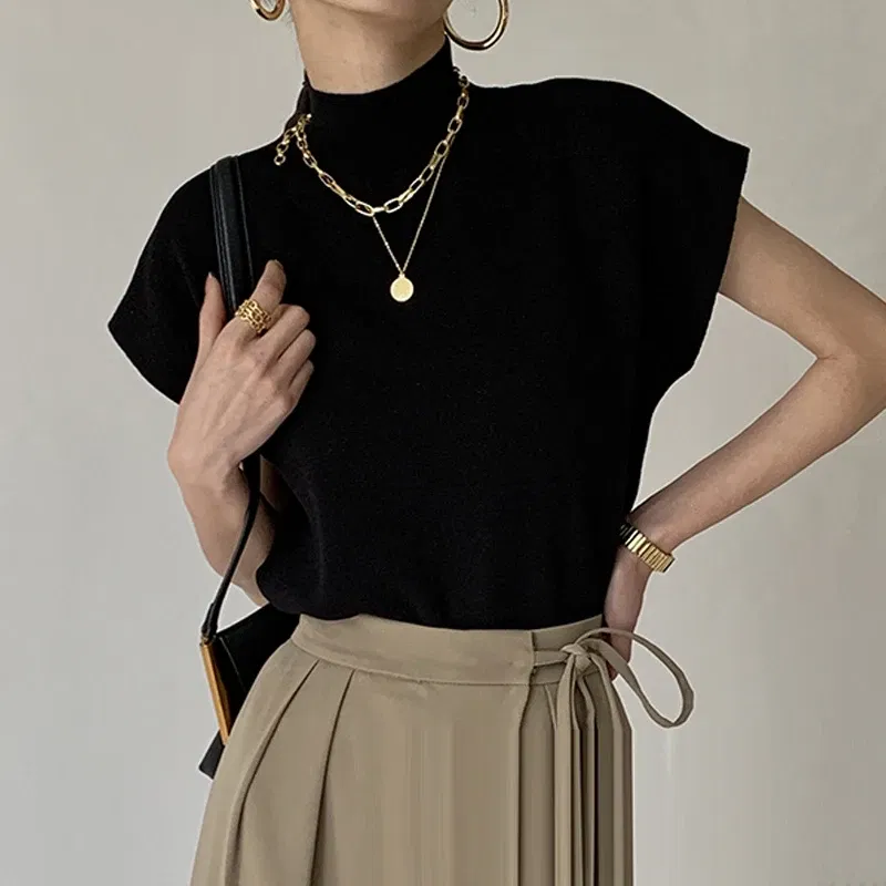 Color: Beige, Size: One Size - New Short Sleeve Turtleneck Knitted Women Sweater Pullover Casual Knit Sweater Women Tops Blusas Mujer De Moda 2024 Verano J74