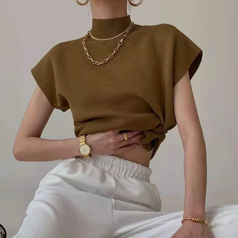Color: Beige, Size: One Size - New Short Sleeve Turtleneck Knitted Women Sweater Pullover Casual Knit Sweater Women Tops Blusas Mujer De Moda 2024 Verano J74