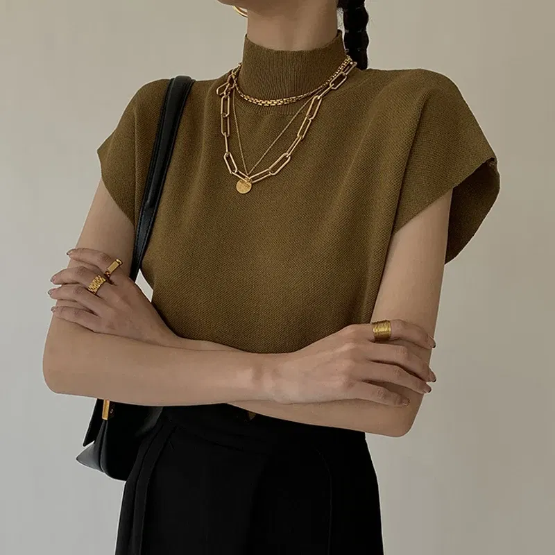 Color: Beige, Size: One Size - New Short Sleeve Turtleneck Knitted Women Sweater Pullover Casual Knit Sweater Women Tops Blusas Mujer De Moda 2024 Verano J74