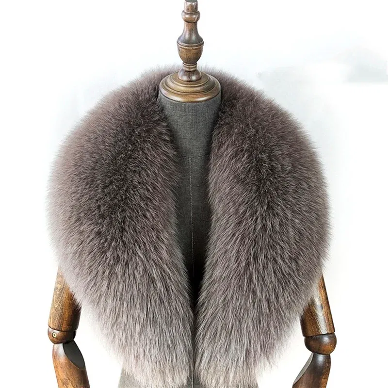 Color: GRAY, Size: L - Fox Fur Collar 100% Real Fox Fur Scarf Straight Collar Natural Fur Gray Collar Large Size Neck Warmer Fur Scarf Shawls
