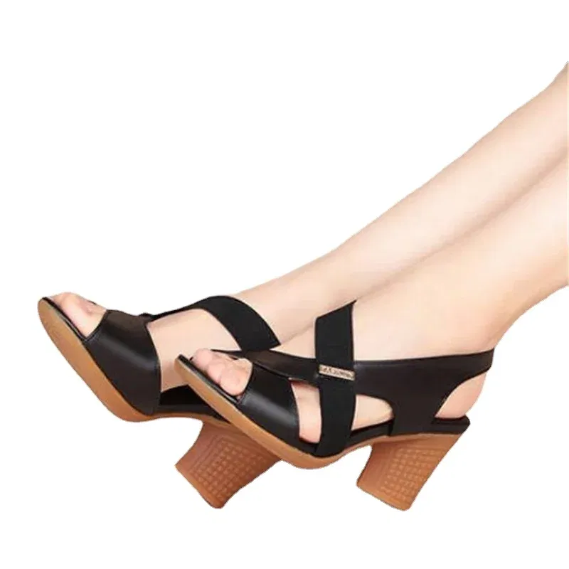 Color: Khaki, Shoe Size: 40 - New Mid-heel Sandals Women Summer Shoes Comfortable High Heels Thick Heel Peep Toe Non-slip Soft Bottom Mother Shoes Slip-On