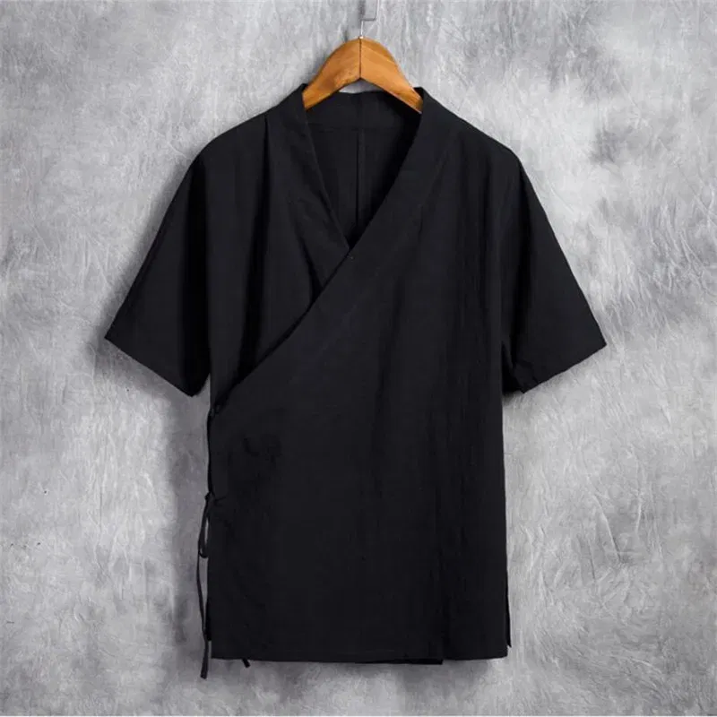 Color: Khaki, Size: L - Men Cotton Linen Short sleeve Kung Fu Shirt Classic Chinese Style Tang Clothing Size M-6XL