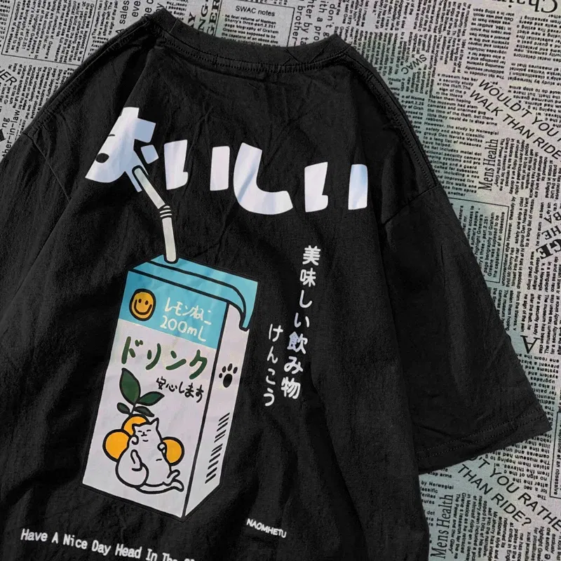 Color: Brown, Size: XXXL - Cute Japanese Cat Print Oversized T-shirt men Women Short Sleeve Loose Casual Tee Shirt Streetwear Tops Cotton Harajuku Clothing