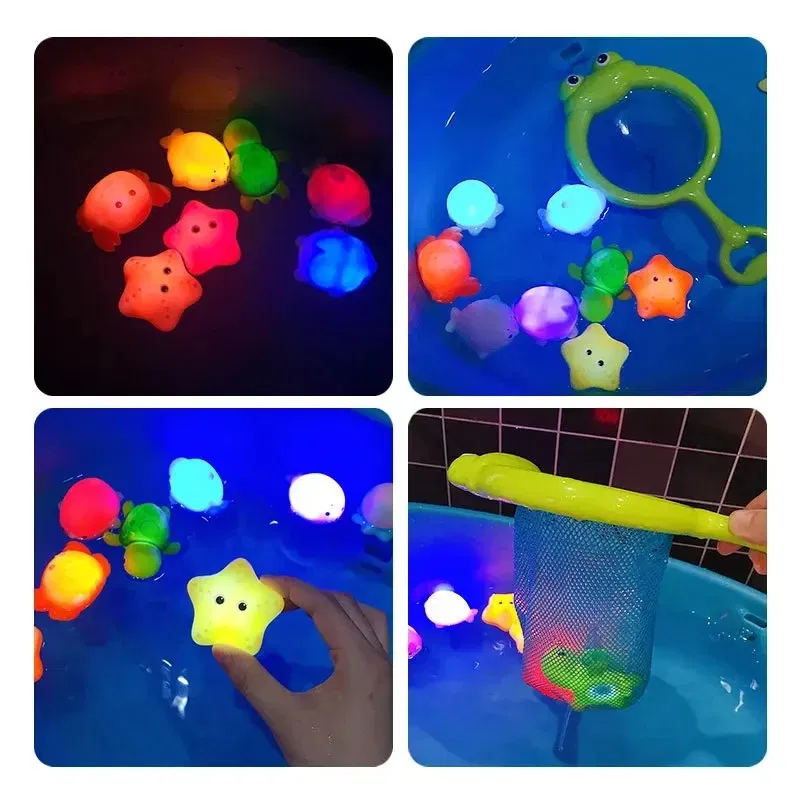 Color: WHITE - Baby Cute Animals Bath Toy Swimming Water LED Light Up Toys Soft Rubber Float Induction Luminous Frogs for Kids Play Funny Gifts