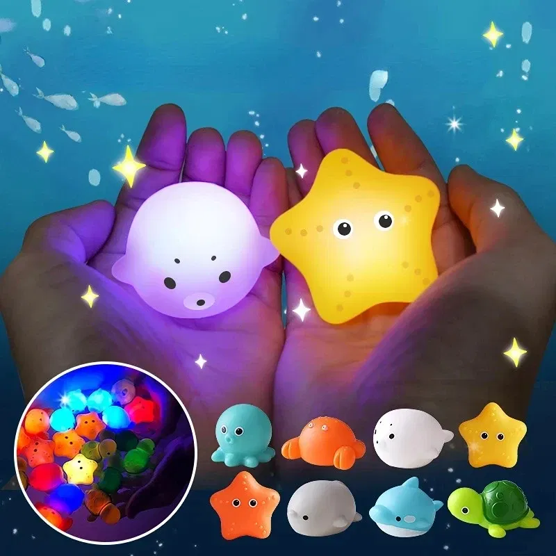 Color: WHITE - Baby Cute Animals Bath Toy Swimming Water LED Light Up Toys Soft Rubber Float Induction Luminous Frogs for Kids Play Funny Gifts