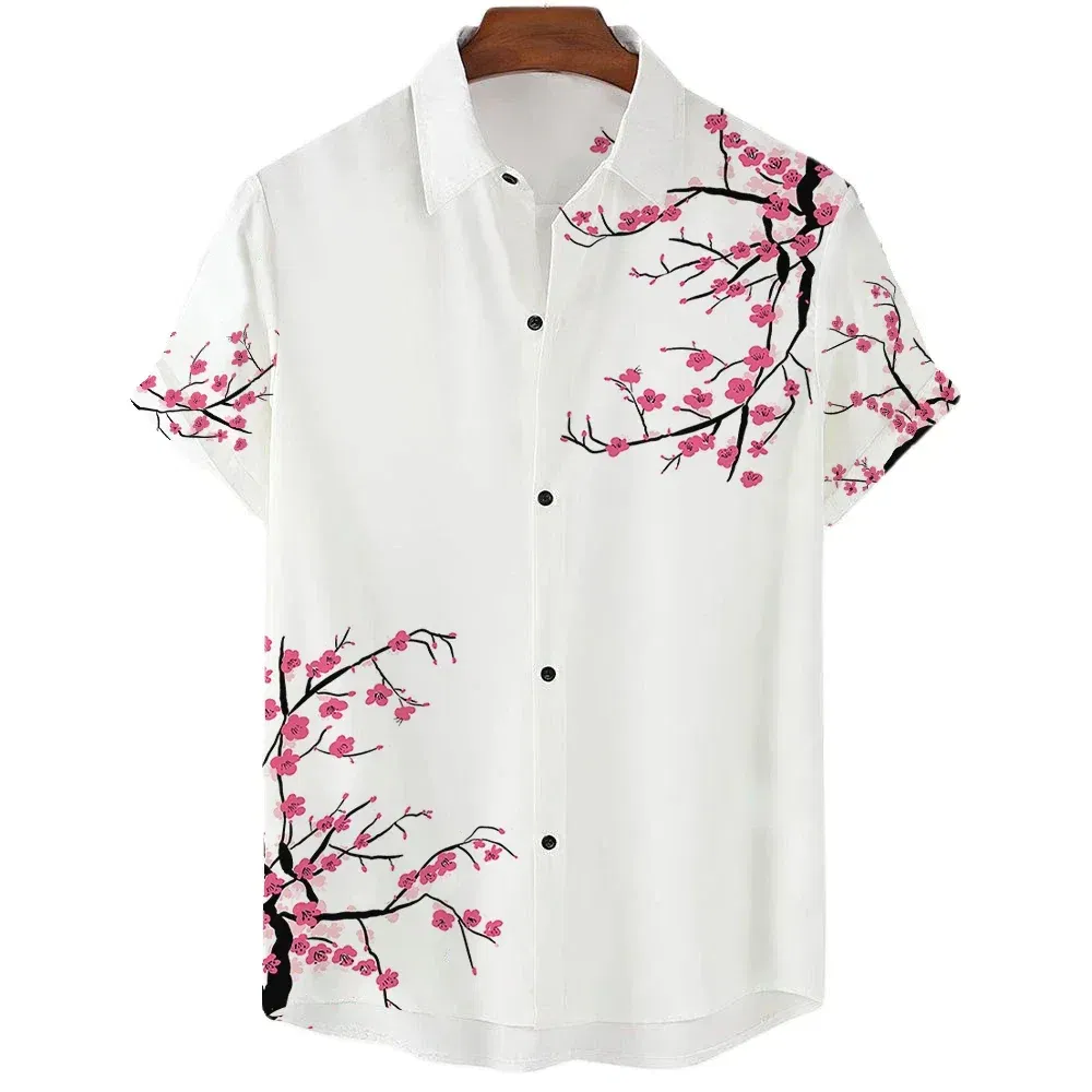 Color: MULTI, Size: L - Fashionable Luxury Social men's Shirt Lapel button-down Shirt Casual Japanese Aesthetic Cherry Blossom Print short-sleeved Tops