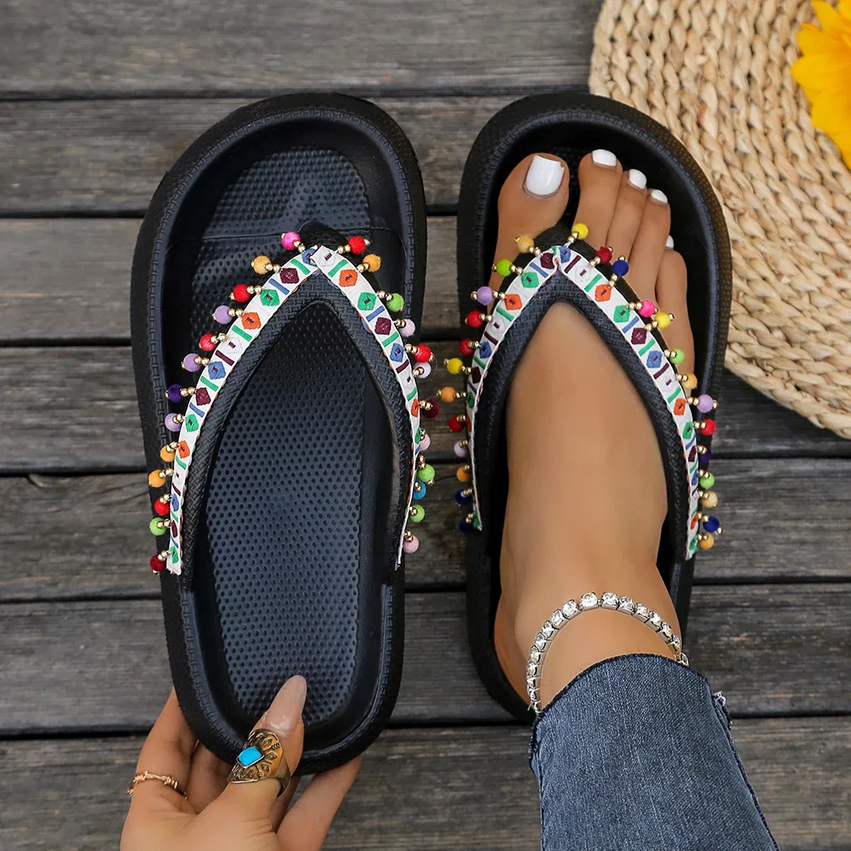 Color: Lake Blue, Shoe Size: 40-41 - Summer Multi Color Women's Flip Flops Fashionable Metallic Teddy Bear Bow Slide Sandal Beach Vacation Home Versatile Footwear