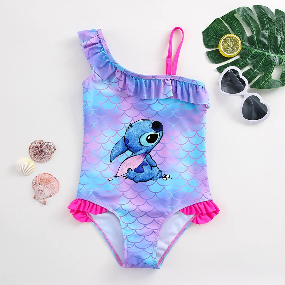 Color: Pink, Size: L - Stitch Girls Swimsuit Fashion Mermaid Fish Scale One-Piece Bathing Suits Children's Dresses Summer Swimwear Beach Suit Kids Wear
