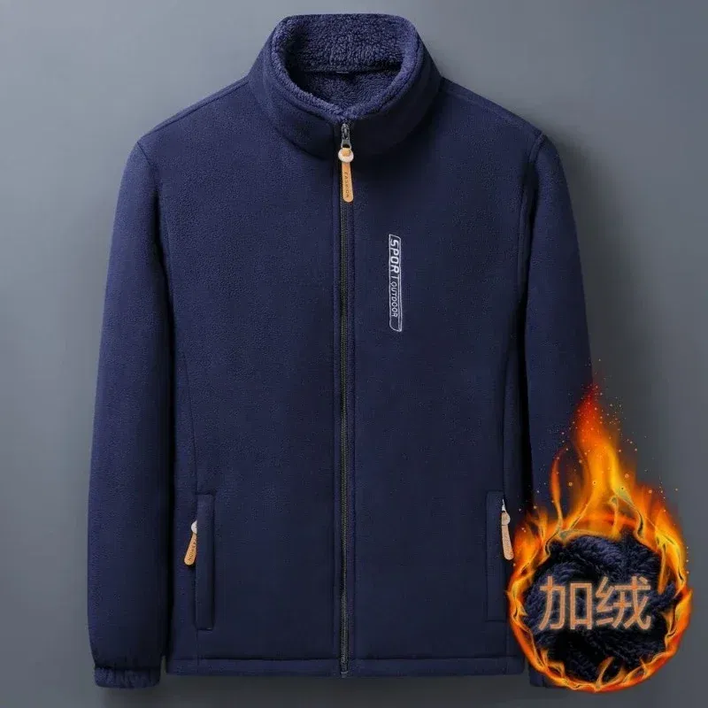 Color: Blue, Size: XXL - Winter Men Outdoor Fleece Jacket Casual Polar Fleece Cold-Proof Thickened Coat Lightweight Windproof Zipper Cardigan Warm Jacket