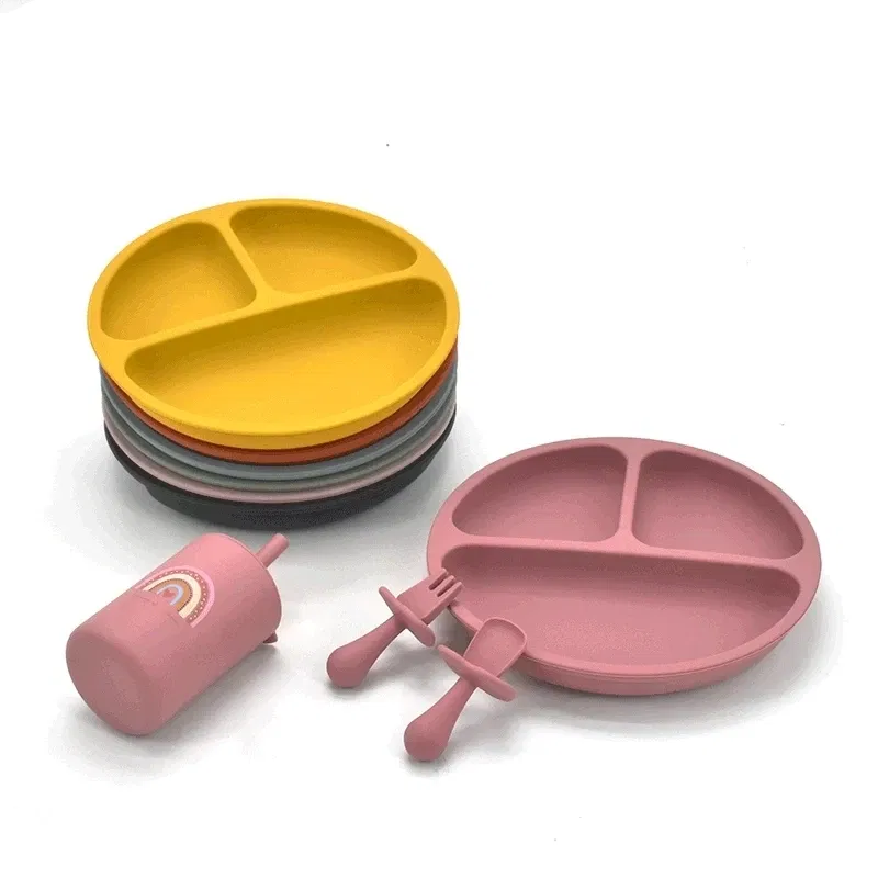 Color: Ivory - 9Colors Baby Plate Set Food Grade Silicone Dishes BPA-Free Tableware Kids Feeding Bowls Kids Learning Dishes Tray Dropshiping